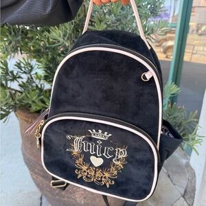 Juicy Couture Black Velvet Mini Backpack with Pink Piping and Gold Embroidery